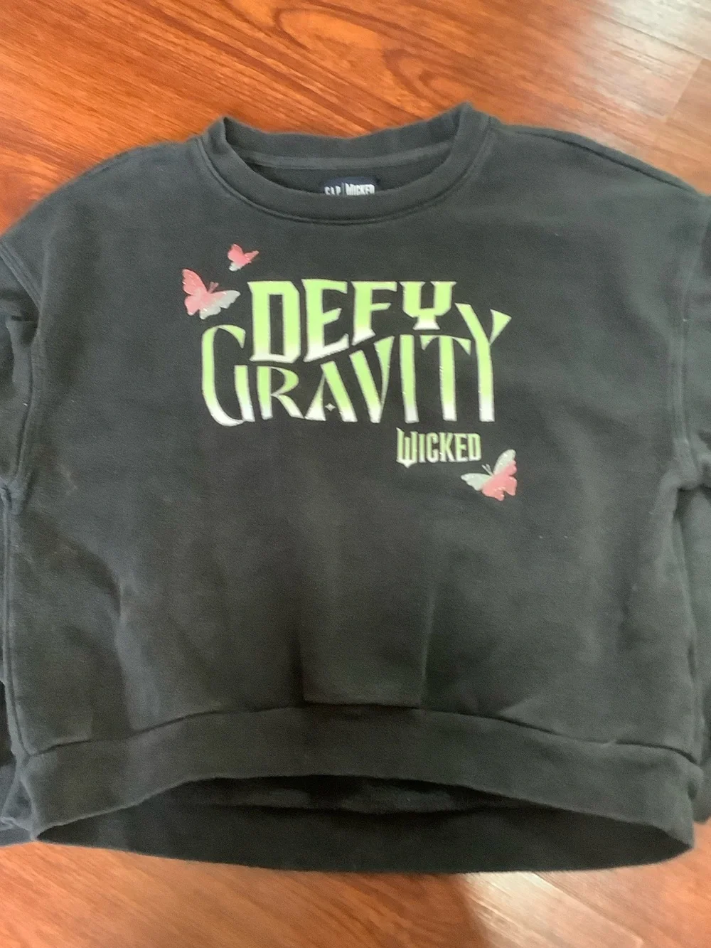 GAP Black Sweatshirt with Lime-Green 'Defy Gravity' Graphic and Pink Butterflies